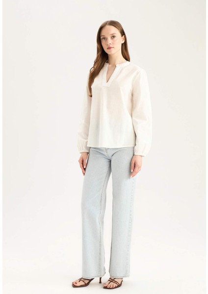 Regular Fit Bisiklet Yaka Flamlı Pamuk Uzun Kollu Bluz D8809AX25SP fiyatları