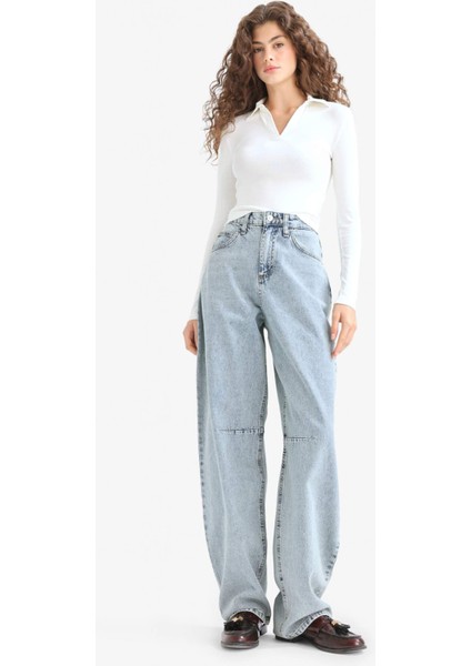 Baggy Fit Yüksek Bel Uzun Jean Yıkamalı Pantolon E9164AX25AU