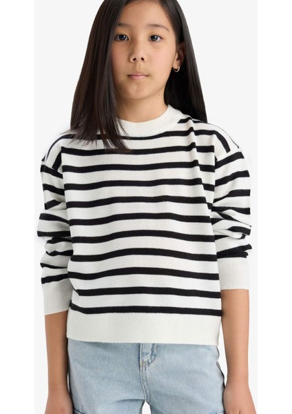 Kız Çocuk Standart Fit Bisiklet Yaka Çizgili Triko Kazak C6903A825AU