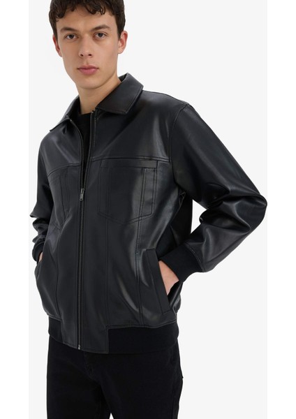 Regular Fit Gömlek Yaka Fermuarlı Suni Deri Ceket Mont C5843AX25AU modelleri