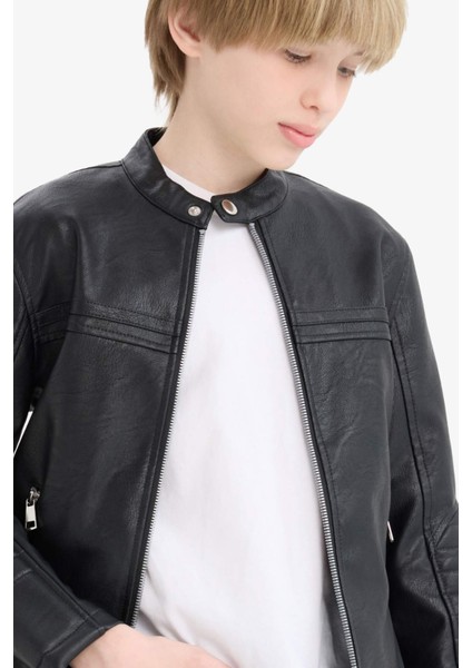 Erkek Çocuk Su Geçirmez Fermuarlı Suni Deri Ceket Mont C4320A825AU
