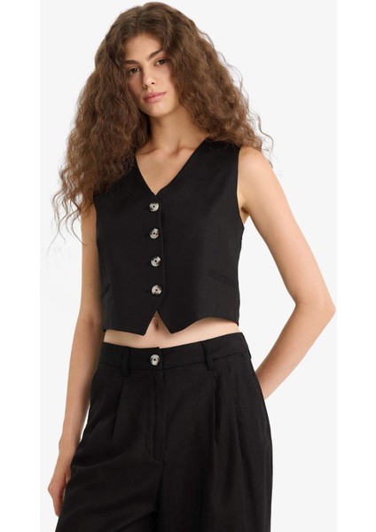 V Yaka Keten Karışımlı Blazer Yelek E1993AX25AU