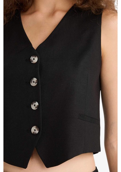 V Yaka Keten Karışımlı Blazer Yelek E1993AX25AU fırsatları