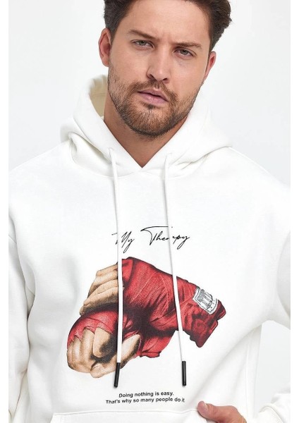 Unisex Kapüşonlu Üç Iplik Oversize Baskılı Sweatshirt - Beyaz