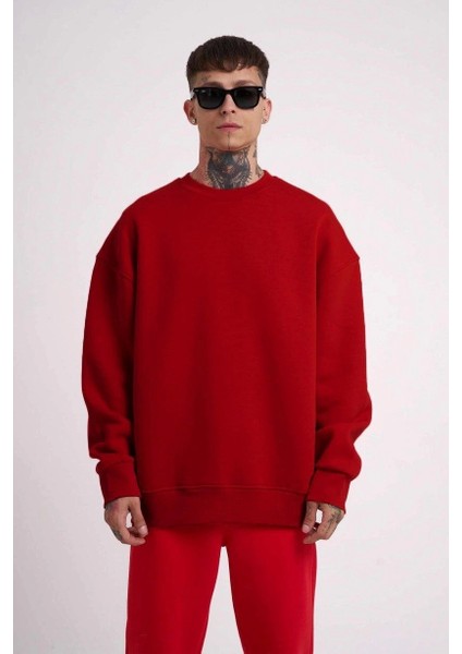 Unisex Biskilet Yaka Üç Iplik Sweatshirt - Kırmızı