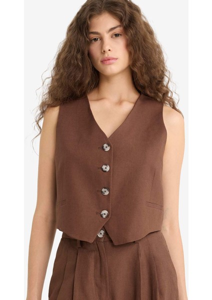 V Yaka Keten Karışımlı Blazer Yelek E1993AX25AU