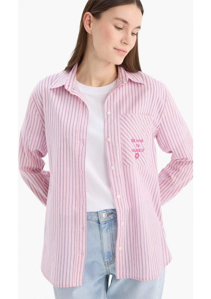 Relax Fit Baskılı Flamlı Pamuk Çizgili Uzun Kollu Gömlek Tunik C8854AX25SM