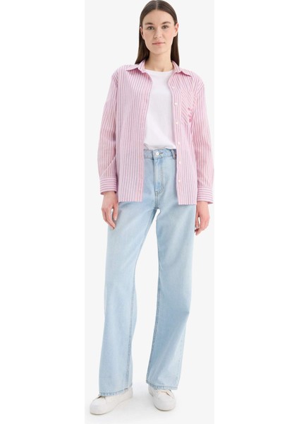 Relax Fit Baskılı Flamlı Pamuk Çizgili Uzun Kollu Gömlek Tunik C8854AX25SM fiyatları