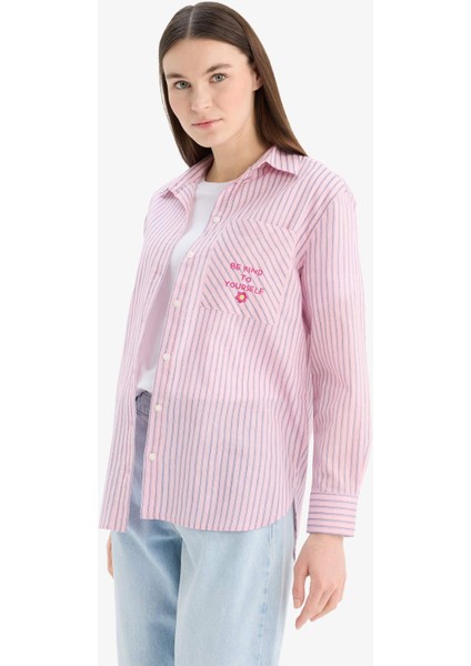 Relax Fit Baskılı Flamlı Pamuk Çizgili Uzun Kollu Gömlek Tunik C8854AX25SM fırsatları