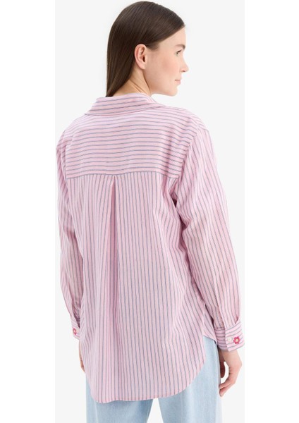 Relax Fit Baskılı Flamlı Pamuk Çizgili Uzun Kollu Gömlek Tunik C8854AX25SM