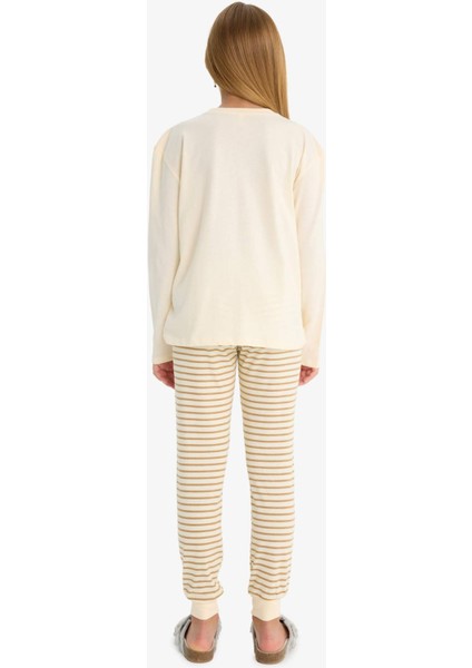 Kız Çocuk Pijama Takımı Baskılı Uzun Kollu Üst Çizgili Uzun Alt F1085A825AU