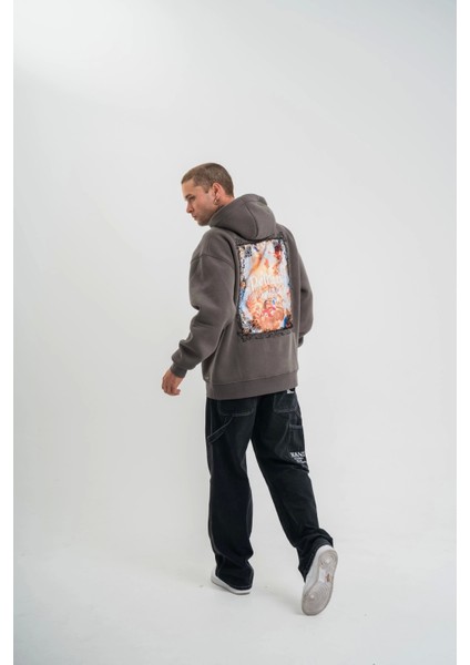 Üç Iplik Kapşonlu Dijital Patchli Sweatshirt - Füme fiyatları