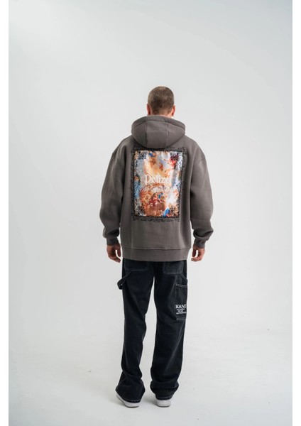 Üç Iplik Kapşonlu Dijital Patchli Sweatshirt - Füme indirimleri