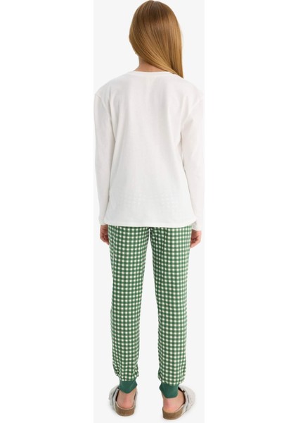 Kız Çocuk Pijama Takımı Baskılı Uzun Kollu Üst Kareli Uzun Alt F1083A825AU