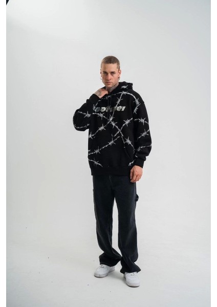 Unisex Kapşonlu Varak ve Pano Baskılı Sweatshirt- Siyah fiyatları