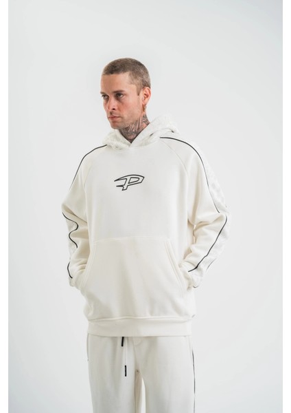 Uzun Kol Kapşonlu Ara Biyeli Sweatshirt - Beyaz modelleri