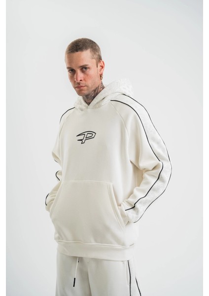 Uzun Kol Kapşonlu Ara Biyeli Sweatshirt - Beyaz fırsatları