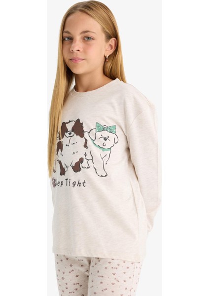 Kız Çocuk Pijama Takımı Köpek Baskılı Uzun Kollu Üst Desenli Uzun Alt F1084A825AU modelleri