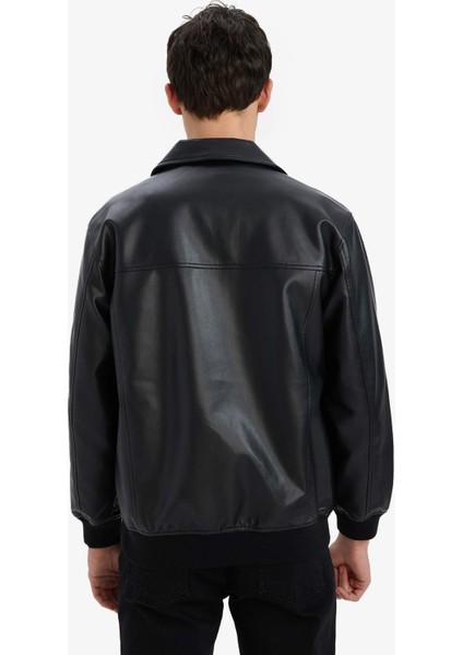 Su İtici Regular Fit Gömlek Yaka Fermuarlı İç Cepli Suni Deri Mevsimlik Ceket Mont C5843AX25AU