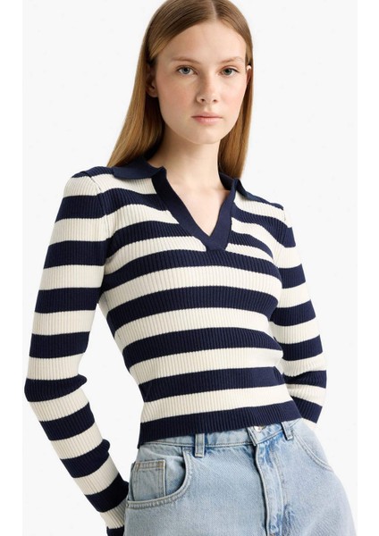 Coool Slim Fit Dar Kesim Polo Yaka Çizgili Kazak A2060AX25WN