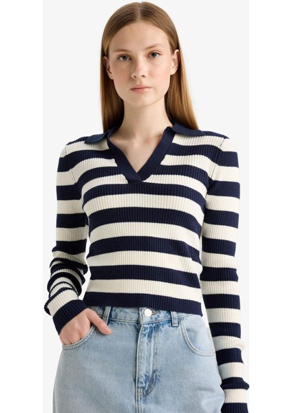Coool Slim Fit Dar Kesim Polo Yaka Çizgili Kazak A2060AX25WN modelleri