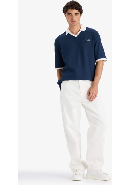 Boxy Fit Rahat Kesim Polo Yaka Kontrast Renkli Dokulu Kısa Kollu Tişört fiyatları