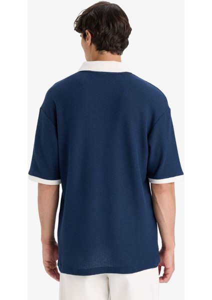 Boxy Fit Rahat Kesim Polo Yaka Kontrast Renkli Dokulu Kısa Kollu Tişört