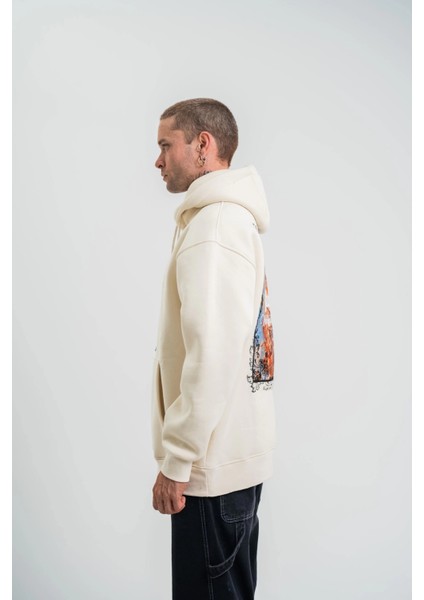 Üç Iplik Kapşonlu Dijital Patchli Sweatshirt - Krem modelleri