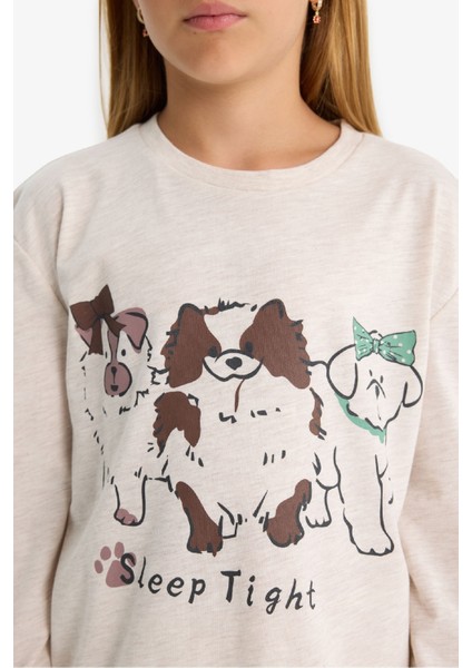 Kız Çocuk Pijama Takımı Köpek Baskılı Uzun Kollu Üst Desenli Uzun Alt F1084A825AU indirimleri