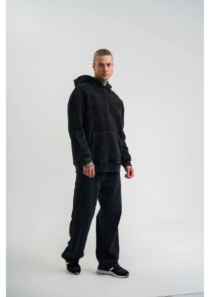 Kapşonlu Double Oversize Yıkamalı Evalı Nakışlı Sweatshirt - Siyah modelleri
