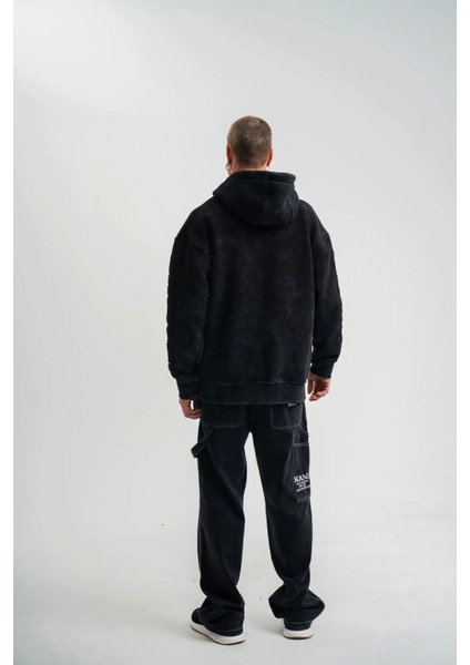 Kapşonlu Double Oversize Yıkamalı Evalı Nakışlı Sweatshirt - Siyah indirimleri