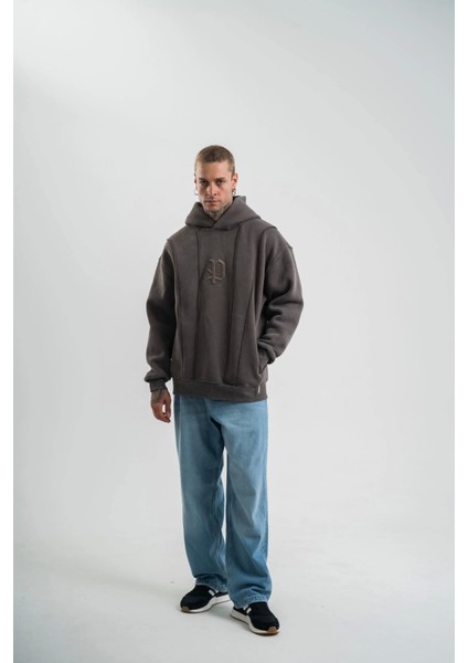 Unisex Uzun Kol Kapşonlu Yıkamalı Nakışlı Sweatshirt - Füme