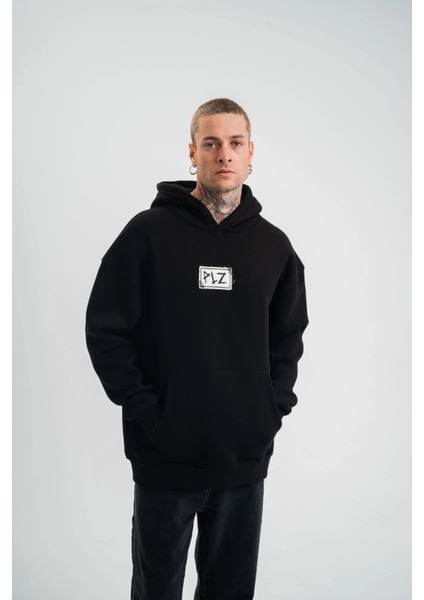 Unisex Kapşonlu Uzun Kol Patchli Nakışlı Sweatshirt - Siyah
