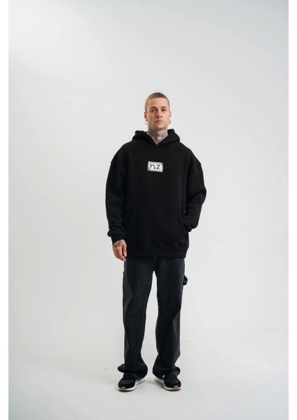 Unisex Kapşonlu Uzun Kol Patchli Nakışlı Sweatshirt - Siyah modelleri