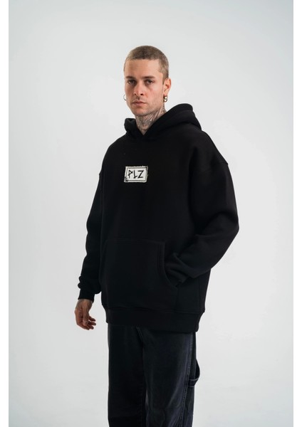Unisex Kapşonlu Uzun Kol Patchli Nakışlı Sweatshirt - Siyah fırsatları