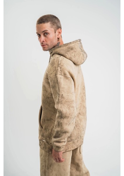 Unisex Double Oversize Kapşonlu Yıkamalı Sweatshirt - Bej modelleri