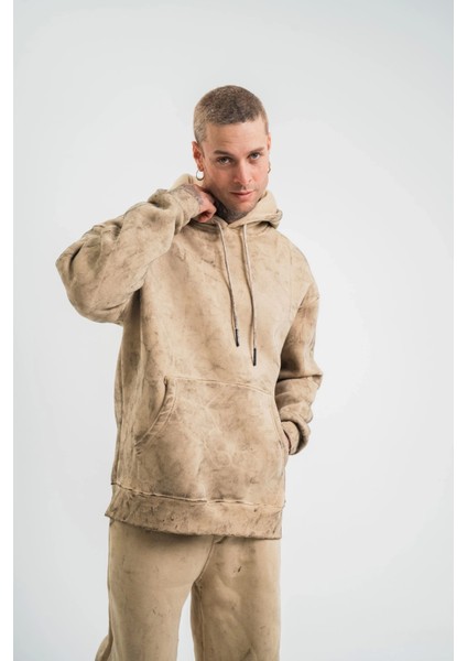 Unisex Double Oversize Kapşonlu Yıkamalı Sweatshirt - Bej indirimleri