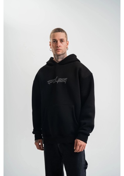 Unisex Üç Iplik Kapşonlu Nakışlı Sweatshirt - Siyah