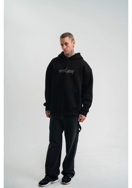 Unisex Üç Iplik Kapşonlu Nakışlı Sweatshirt - Siyah indirimleri
