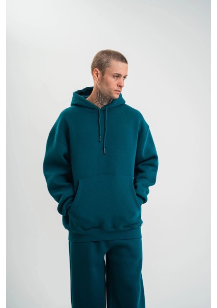 Unisex Double Oversize Kapşonlu Basic Sweatshirt - Koyu Deniz Yeşili