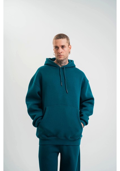 Unisex Double Oversize Kapşonlu Basic Sweatshirt - Koyu Deniz Yeşili fiyatları