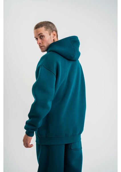Unisex Double Oversize Kapşonlu Basic Sweatshirt - Koyu Deniz Yeşili modelleri