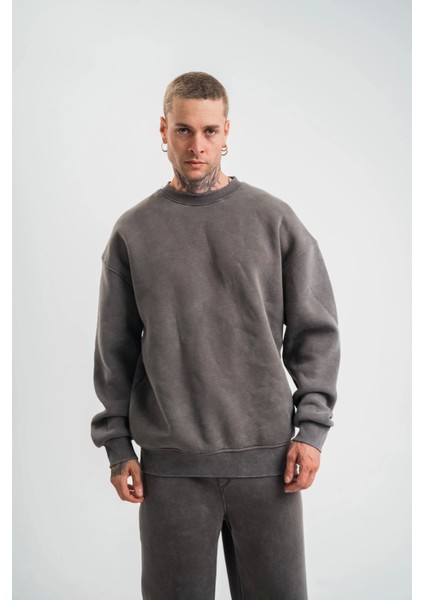 Unisex Uzun Kol Bisiklet Yaka Yıkamalı Sweatshirt - Füme fiyatları
