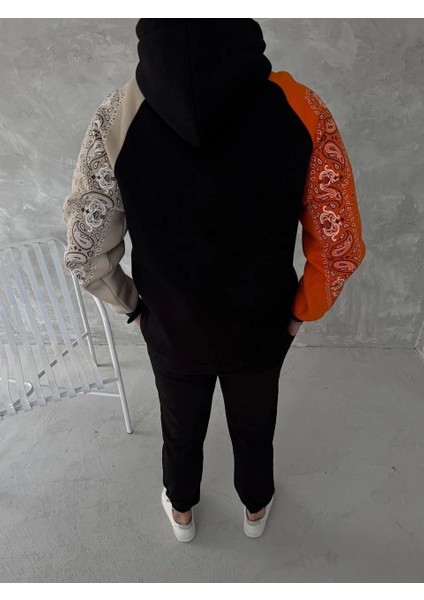 Üç Iplik Penye Kapşonlu Parçalı Sweatshirt - Siyah fırsatları