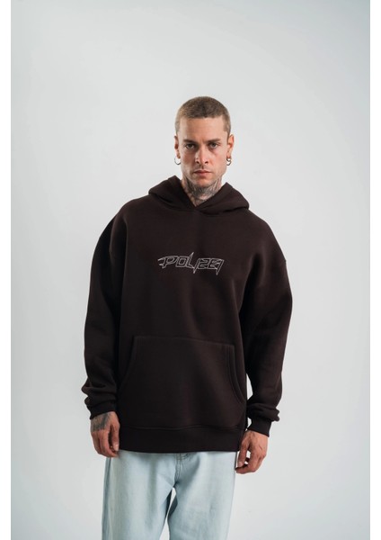 Unisex Üç Iplik Kapşonlu Nakışlı Sweatshirt - Kahve