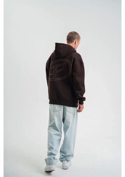 Unisex Üç Iplik Kapşonlu Nakışlı Sweatshirt - Kahve fırsatları