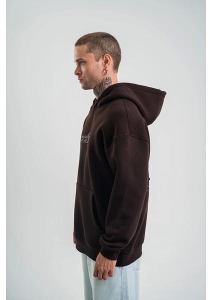 Unisex Üç Iplik Kapşonlu Nakışlı Sweatshirt - Kahve indirimleri