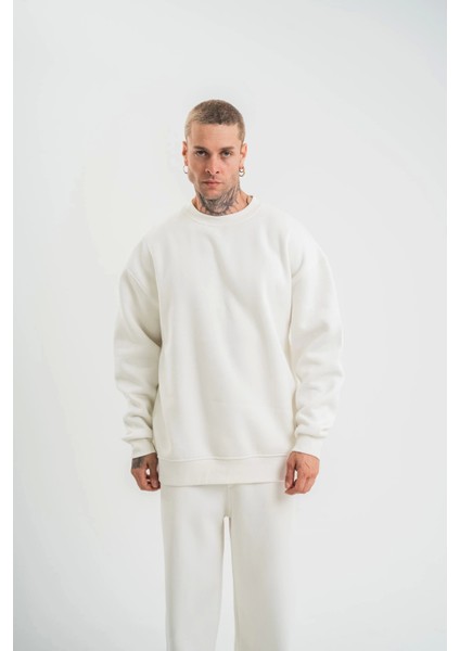 Uzun Kol Bisiklet Yaka Basic Sweatshirt - Beyaz