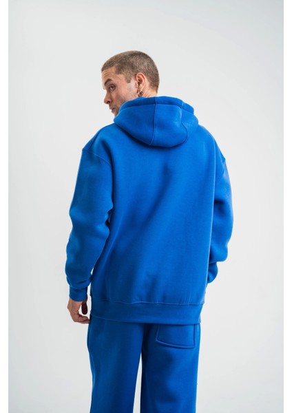 Unisex Double Oversize Kapşonlu Basic Sweatshirt - Mavi indirimleri