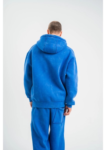Unisex Double Oversize Kapşonlu Yıkamalı Sweatshirt - Mavi fiyatları